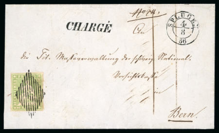 Stamp of Switzerland / Schweiz » Sitzende Helvetia Ungezähnt » 1856-57 Berner Druck (II) 40 Rp. grünlicholiv, farbfrisch und allseits weissrandiges Luxusstück, auf doppelgewichtigem eingeschriebenem Faltbrief nach Bern