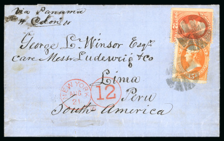 Stamp of United States » 1870-75 National Bank Note Co. and Continental Bank Note Co. Issues 1878 Entire from Boston to Peru with 1873 2c and 15c, franked on arrival with Peru 10c