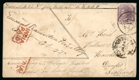 Stamp of India » 1855-1946 De La Rue and later Crown Colony Issues 1866 (Jun 14) Soldier rate cover from Peshawur (modern day Pakistan) with 8p tied by "47" duplex