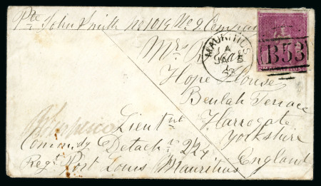 Stamp of Mauritius » 1858-62 Britannia Issues (SG 26-35) 1858-62 (9d) dull magenta re-issued as 1d., on 1863 (5 Jan.) soldier's envelope