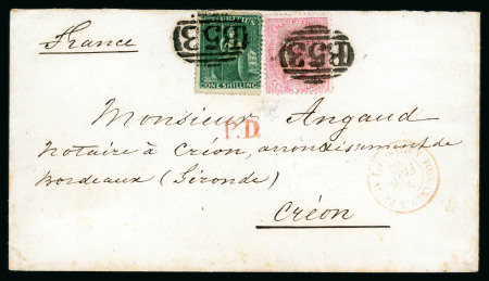 Stamp of Mauritius » 1860-72 De La Rue Issues (SG 46-72) 1s deep green, in combination with 1860 4d. rose, on 1863 (6 Jan.) envelope to France