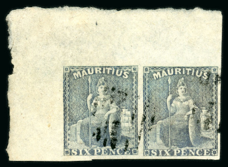Stamp of Mauritius » 1858-62 Britannia Issues (SG 26-35) 1858-62 6d slate, top left corner sheet marginal pair,