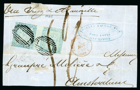 Stamp of Mauritius » 1859 Lapirot Issue » Worn Impressions (SG 39) 1859 Lapirot 2d. blue, worn impression horizontal pair, positions 1-2, used on large part cover front