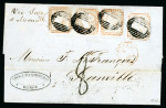 Stamp of Mauritius » 1848-59 Post Paid Issue » Latest Impressions (SG 23-25) 1d. red-brown, latest impression, strip of three and single, all with good to very large margins, on 1860 entire to Granville
