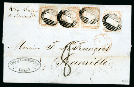 Stamp of Mauritius » 1848-59 Post Paid Issue » Latest Impressions (SG 23-25) 1d. red-brown, latest impression, strip of three and single, all with good to very large margins, on 1860 entire to Granville