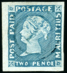 Stamp of Mauritius » 1848-59 Post Paid Issue » Early Impressions (SG 6-9) 2d. blue on grey paper, intermediate (an early state) impression, position 7 showing a wonderful example of the "PENOE" error