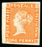 Stamp of Mauritius » 1848-59 Post Paid Issue » Early Impressions (SG 6-9) 1d. orange-vermilion on greyish paper, early Impression,