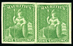 Stamp of Mauritius » 1858-62 Britannia Issues (SG 26-35) 1858-62 1s yellow green pair, fine mint with large part OG