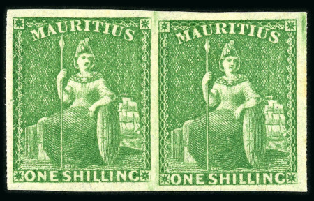 Stamp of Mauritius » 1858-62 Britannia Issues (SG 26-35) 1858-62 1s yellow green pair, fine mint with large part OG