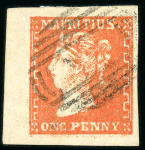 Stamp of Mauritius » 1859 Dardenne Issue (SG 41-44) Dardenne 1d. red on laid paper, a fine used example with huge margins all round neatly cancelled by dumb oval of bars