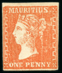 Stamp of Mauritius » 1859 Dardenne Issue (SG 41-44) 1859 Dardenne Issue, 1d. dull vermilion on laid paper, unused without gum
