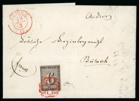 Stamp of Switzerland / Schweiz » Kantonalmarken » Zürich 1843, Zürich 6, Type III, 73. Marke des Bogens, auf Brief von Zürich nach Bülach, prachtvoll entwertet mit roter Zürcher Rosette (AW1) und nebengesetzt « ZÜRICH 19 3 »