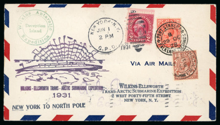 Stamp of Falkland Islands 1928 (Oct 29) Wilkins Antarctic Expedition cover with Falkland Islands 1d, re-used in 1931 and carried on the Wilkins-Ellsworth Trans-Arctic Submarine Expedition,