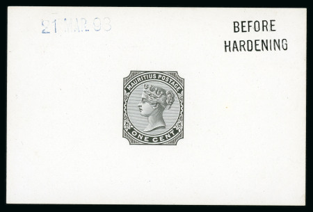 Stamp of Mauritius » 1883-94 De La Rue Watermark CA (SG 101-111) 1883-94 1c. master die proof in black on white glazed
