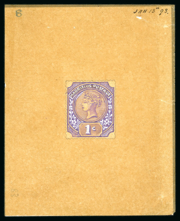 Stamp of Mauritius » 1883-94 De La Rue Watermark CA (SG 101-111) 1893 1c. pair of beautifully hand painted essays on tracing paper (65x79mm.), in an unissued design, the other as issued design