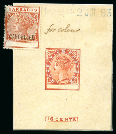 Stamp of Mauritius » 1883-94 De La Rue Watermark CA (SG 101-111) 1885 hand painted essay of the 16c. issue design with blank value tablet