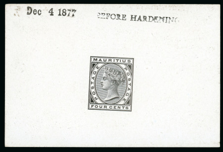 Stamp of Mauritius » 1879-80 De La Rue Watermark CC (SG 92-100) 1879-80 4c. De La Rue die proof in black on glazed card