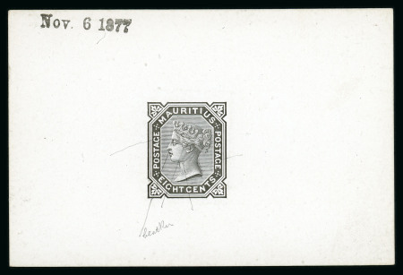 Stamp of Mauritius » 1879-80 De La Rue Watermark CC (SG 92-100) 1879-80 8c. De La Rue die proof in black on glazed card with pencil notations