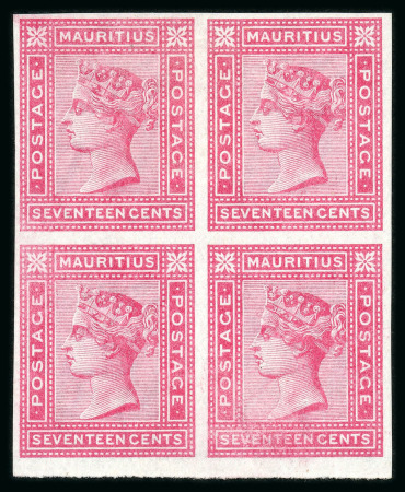 Stamp of Mauritius » 1879-80 De La Rue Watermark CC (SG 92-100) 1879-80 17c. rose block of four imperforate imprimaturs,
