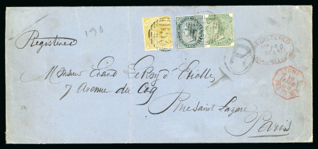 Stamp of Mauritius » 1879-80 De La Rue Watermark CC (SG 92-100) 13c. slate and 1883-94 2c. green and 25c. olive-yellow, on 1888 (3 Feb) linen lined envelope registered to Paris