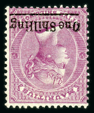 Stamp of Mauritius » 1876-78 Surcharges (SG 76-91) 1877 1/- on 5/- rosy mauve (type 15), variety watermark