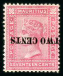 Stamp of Mauritius » 1883-91 Surcharges, Arms & Jubilee Issues (SG 112-35, 137) 1891 "TWO CENTS" on 17c. rose (type 32), variety surcharge inverted