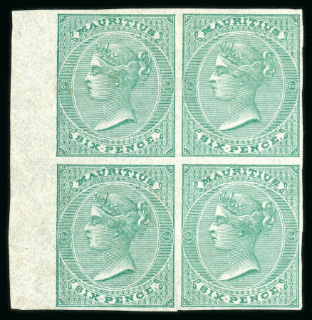 Stamp of Mauritius » 1860-72 De La Rue Issues (SG 46-72) 1860-63 6d. green imperforate block of four imprimaturs