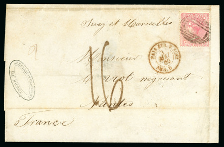 Stamp of Mauritius » 1860-72 De La Rue Issues (SG 46-72) 1860-63 4d. rose on 1860 (Apr 7) outer wrapper to Nantes, France, used on the first day of issue