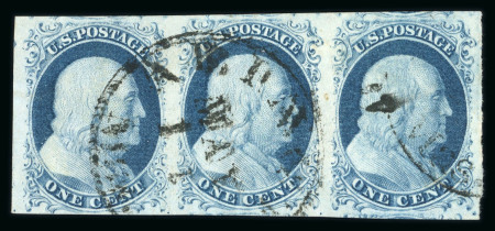Stamp of United States » 1851-57 Issue 1851, Franklin 1c blue used strip of three