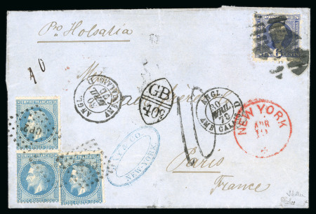 Stamp of United States » 1869 Pictoral Issue 1869 issue 6c blue (115), tied by mute cancel, used in combination with France 1868 20c Blue Napoleon III Lauré (3)