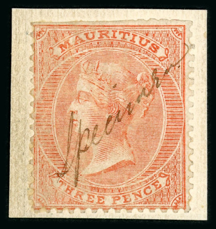 Stamp of Mauritius » 1860-72 De La Rue Issues (SG 46-72) 1863-72 3d, 6d, 9d, 1/- and 5/-, each with manuscript " Specimen" and affixed to pieces