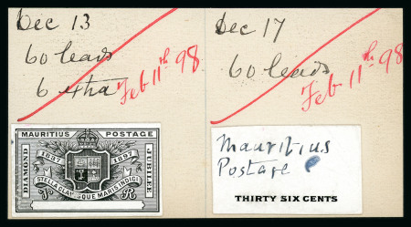 Stamp of Mauritius » 1883-91 Surcharges, Arms & Jubilee Issues (SG 112-35, 137) 1898 Diamond Jubilee, striking book piece with proofs of the design and value tablet