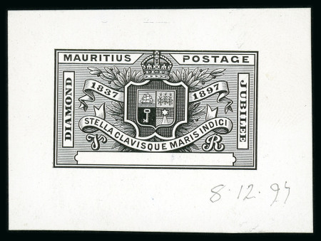 Stamp of Mauritius » 1883-91 Surcharges, Arms & Jubilee Issues (SG 112-35, 137) 1898 Diamond Jubilee, die proof of the complete design with blank value tablet in black on glazed card