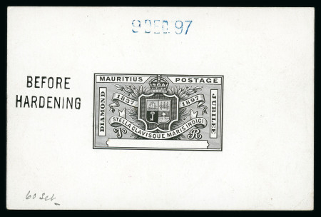 Stamp of Mauritius » 1883-91 Surcharges, Arms & Jubilee Issues (SG 112-35, 137) 1898 Diamond Jubilee, De La Rue die proof of the complete design with blank value tablet in black on glazed card