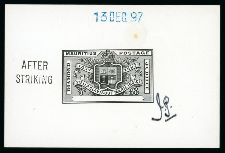 Stamp of Mauritius » 1883-91 Surcharges, Arms & Jubilee Issues (SG 112-35, 137) 1898 Diamond Jubilee, De La Rue die proof of the complete design with blank value tablet in black on glazed card