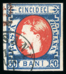 Stamp of Romania » King Carol 1869 - "Without Beard" Imperforate 1869 Prince Carol 50 bani blue/red showing the con