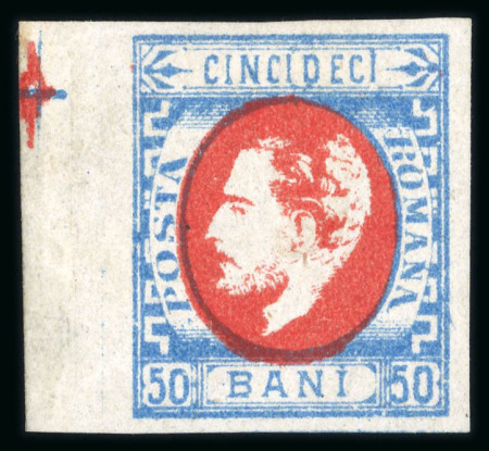 Stamp of Romania » 1872 Prince Carol I - Perforated 1872 Prince Carol 50B blue/red Emergency Issue, su