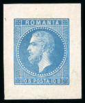 Stamp of Romania » 1872 Prince Carol I - Perforated 1872 'Paris' Issue Die Proof of 10 bani blue on Ch