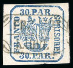 Stamp of Romania » United Principalities 1862-1864 30 parale handstruck, a nice four margins example