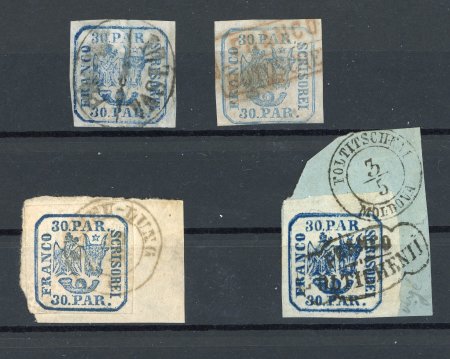 Stamp of Romania » United Principalities 1862-1864 30 parale handstruck, four fine used examples with