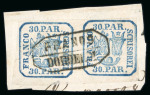 Stamp of Romania » United Principalities 1862-1864 Pair of 30 parale blue handstruck with fair to lar