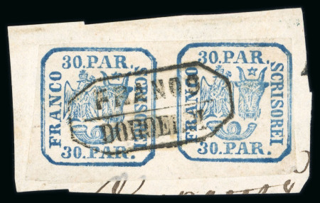 Stamp of Romania » United Principalities 1862-1864 Pair of 30 parale blue handstruck with fair to lar