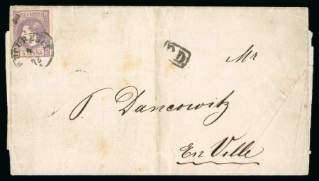 Stamp of Romania » 1868-70 Prince Carol I - New Currency 3 bani violet, a four margined example on local pr