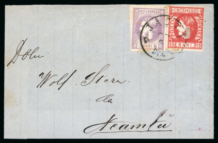 Stamp of Romania » 1868-70 Prince Carol I - New Currency 3 bani violet + 15 bani red on cover front, sent t