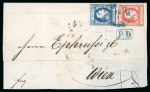 Stamp of Romania » King Carol 1869 - "Without Beard" Imperforate 10 bani blue + 15 bani vermilion, two nice large m