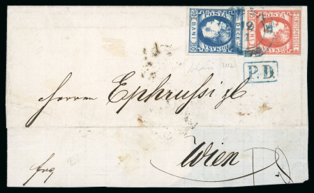 Stamp of Romania » King Carol 1869 - "Without Beard" Imperforate 10 bani blue + 15 bani vermilion, two nice large m