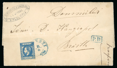 Stamp of Romania » 1872 Prince Carol I - Perforated 10 bani blue perforated, a fine example on cover f
