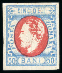 Stamp of Romania » 1872 Prince Carol I - Perforated 1872 50 bani carmine & pale blue, an unused gummed, lightly hinged
