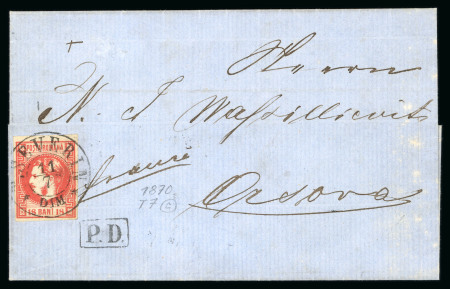 Stamp of Romania » 1868-70 Prince Carol I - New Currency Overfranked cover sent abroad: 18 bani red on yell