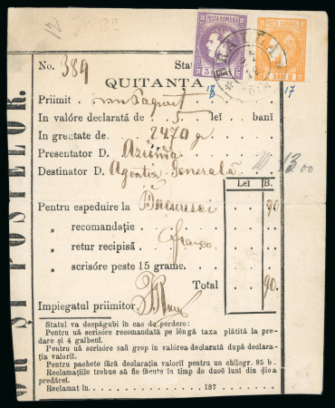 Stamp of Romania » 1868-70 Prince Carol I - New Currency 2 bani orange + 3 bani violet on postal receipt fo